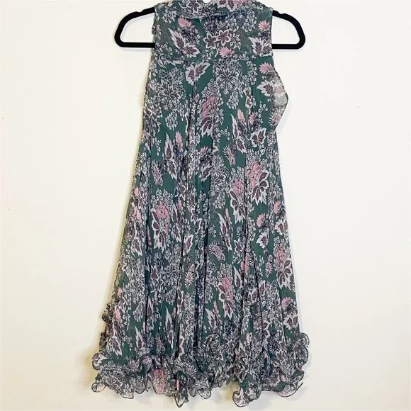 Anthropologie Let Me Be Green Pink Floral V Neck Ruffle Hem Swing Mini Dress S - Picture 9 of 12